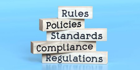 Rules, policies, standards, compliance, regulations - words on wooden blocks - 3D illustration
