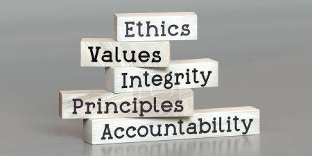 Téléchargez les photos : Éthique, valeurs, intégrité, principes, responsabilité - mots sur blocs de bois - illustration 3D - en image libre de droit