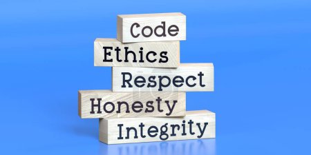 Téléchargez les photos : Code, éthique, respect, honnêteté, intégrité - mots sur blocs de bois - illustration 3D - en image libre de droit