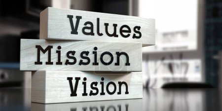 Werte, Mission, Vision - Worte auf Holzklötzen - 3D-Illustration