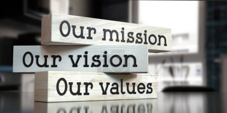 Nuestra misión, visión, valores - palabras en bloques de madera - Ilustración 3D