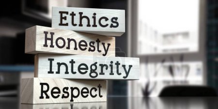 Téléchargez les photos : Éthique, honnêteté, intégrité, respect - mots sur blocs de bois - illustration 3D - en image libre de droit