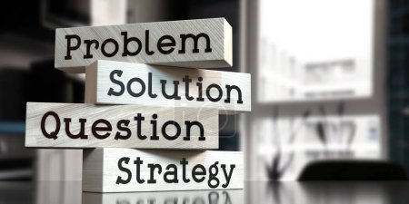 Problem, solution, question, strategy - words on wooden blocks - 3D illustration