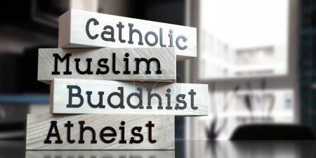 Téléchargez les photos : Catholique, musulman, bouddhiste, athée - mots sur blocs de bois - illustration 3D - en image libre de droit