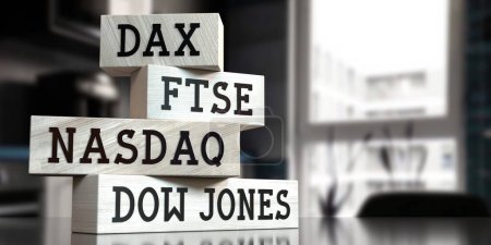 Téléchargez les photos : DAX, FTSE, NASDAQ, DOW JONES - mots sur des blocs de bois - illustration 3D - en image libre de droit