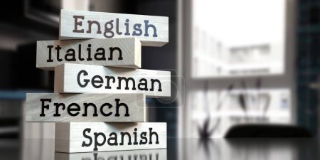 Englisch, Italienisch, Deutsch, Französisch, Spanisch - Wörter auf Holzklötzen - 3D-Illustration