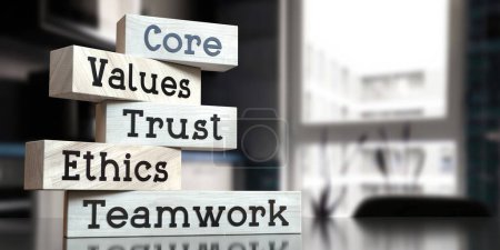 Kern, Werte, Vertrauen, Ethik, Teamwork - Worte auf Holzklötzen - 3D-Illustration