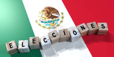 Téléchargez les photos : Mexique - concept électoral - blocs de bois et drapeau du pays - illustration 3D - en image libre de droit