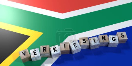 Téléchargez les photos : Afrique du Sud - concept électoral - blocs de bois et drapeau du pays - illustration 3D - en image libre de droit