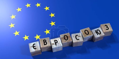 Téléchargez les photos : L'Union européenne en ukrainien - cubes en bois et drapeau du pays - illustration 3D - en image libre de droit