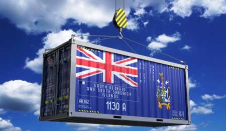Photo for Freight shipping container with national flag of South Georgia and South Sandwich Islands hanging on crane hook - 3D illustration - Royalty Free Image