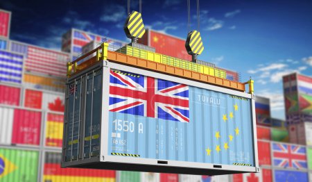 Freight shipping container with national flag of Tuvalu - 3D illustration