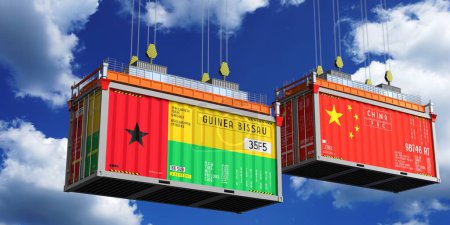 Schiffscontainer mit Flaggen von Guinea Bissau und China - 3D-Illustration