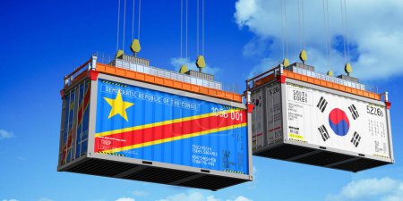 Foto de Envío de contenedores con banderas de la República Democrática del Congo y Corea del Sur - Ilustración 3D - Imagen libre de derechos