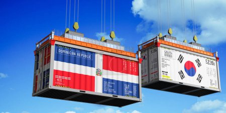 Foto de Envío de contenedores con banderas de República Dominicana y Corea del Sur - Ilustración 3D - Imagen libre de derechos