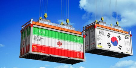 Schiffscontainer mit Flaggen des Iran und Südkoreas - 3D-Illustration