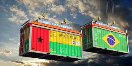 Schiffscontainer mit Flaggen von Guinea Bissau und Brasilien - 3D-Illustration