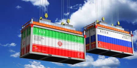 Schiffscontainer mit Flaggen des Iran und Russlands - 3D-Illustration