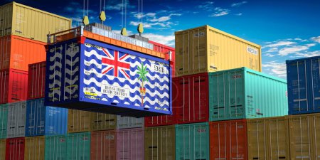 Freight shipping container with flag of British Indian Ocean Territory on crane hook - 3D illustration