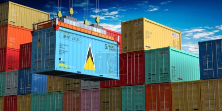 Freight shipping container with flag of Saint Lucia on crane hook - 3D illustration