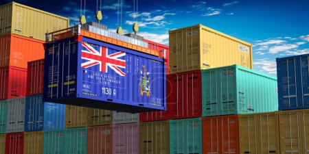 Photo for Freight shipping container with flag of South Georgia and South Sandwich Islands on crane hook - 3D illustration - Royalty Free Image