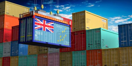 Freight shipping container with flag of Tuvalu on crane hook - 3D illustration