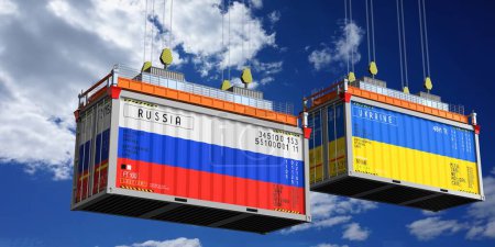 Schiffscontainer mit Flaggen Russlands und der Ukraine - 3D-Illustration
