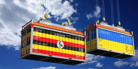 Shipping containers with flags of Uganda and Ukraine - 3D illustration