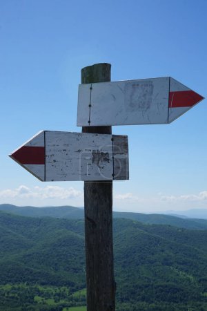 Wooden signpost with two arrows - tourist trail