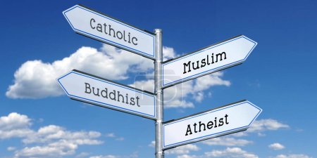 Téléchargez les photos : Catholique, musulman, bouddhiste, athée - panneau métallique à quatre flèches - en image libre de droit
