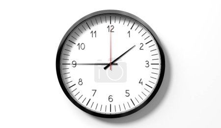 Hora a las 2 menos cuarto - reloj analógico clásico sobre fondo blanco - Ilustración 3D