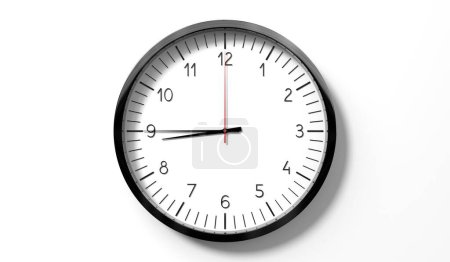 Hora a las 9 menos cuarto - reloj analógico clásico sobre fondo blanco - Ilustración 3D