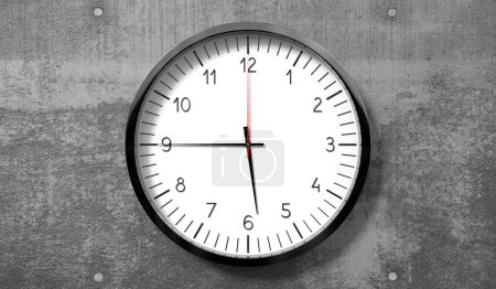 Time at quarter to 6 o clock - classic analog clock on rough concrete wall - 3D illustration