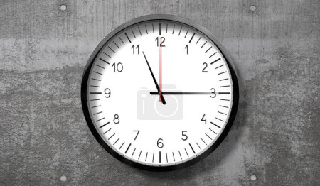 Téléchargez les photos : Heure à 11 h 15 - horloge analogique classique sur mur de béton brut - illustration 3D - en image libre de droit