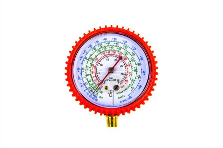 Photo for Pressure gauge for measuring the refrigerant pressure of refrigerators and air conditioners. Refrigerator repair. Air conditioner service. Measuring instrument. Freon pressure gauge. - Royalty Free Image