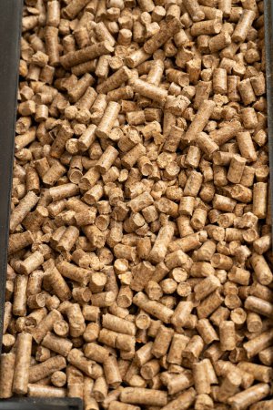 Photo for Wooden pet bedding vertical background. Wood pellets texture - Royalty Free Image
