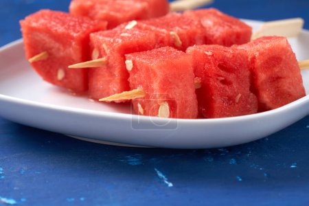 Photo for Finger food sticks with with watermelon cubes. - Royalty Free Image