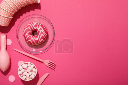 Photo for Donut, balloon, paper cups and marshmallows on pink background, space for text - Royalty Free Image