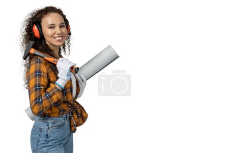 Photo for A girl in a construction uniform, isolated on white background - Royalty Free Image