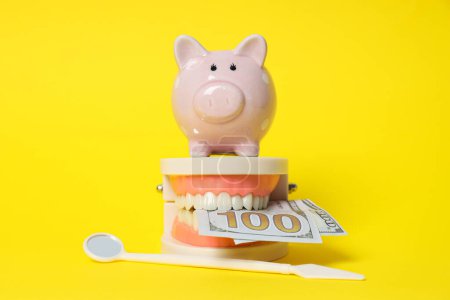 Sparschwein und dekorativer Kiefer mit Geld auf gelbem Hintergrund