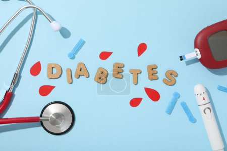 Medical equipment for diabetics and the word Diabetes on blue background, top view