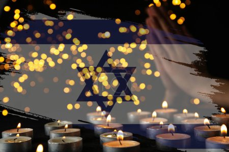 Photo for Poster with the flag and coat of arms of Israel, candles, mourning. - Royalty Free Image
