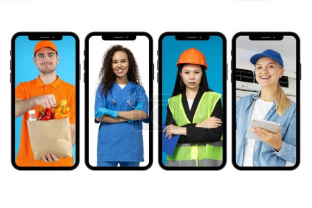 Photo for A collage of photos of various professions on the smartphone screen - Royalty Free Image
