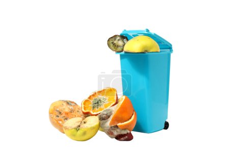 PNG, Verdorbenes Obst und blaue Mülltonnen, isoliert auf weißem Hintergrund