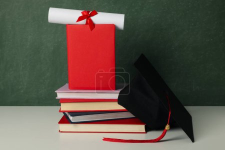 Téléchargez les photos : Chapeau de fin d'études avec des livres sur une table sur un fond sombre. - en image libre de droit