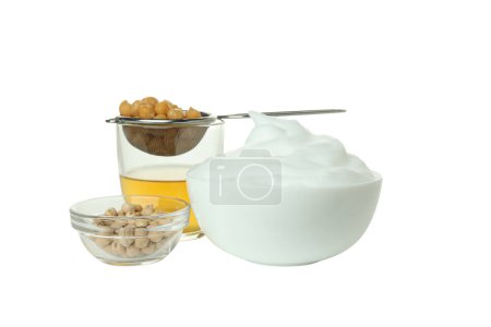 PNG, Bowl with cream and chickpeas, glass  with aquafaba, isolated on white background