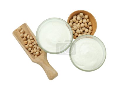 PNG, Glasses with cream, scoop and bowl with chickpeas, isolated on white background, top view