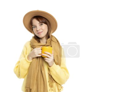 Photo for PNG, a girl in a hat and a scarf with a cup in her hands, isolated on a white background - Royalty Free Image
