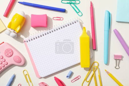 Photo for Notebook and stationery on the table, top view. - Royalty Free Image