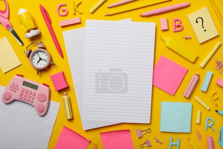 Photo for Notebook and stationery on the table, top view. - Royalty Free Image